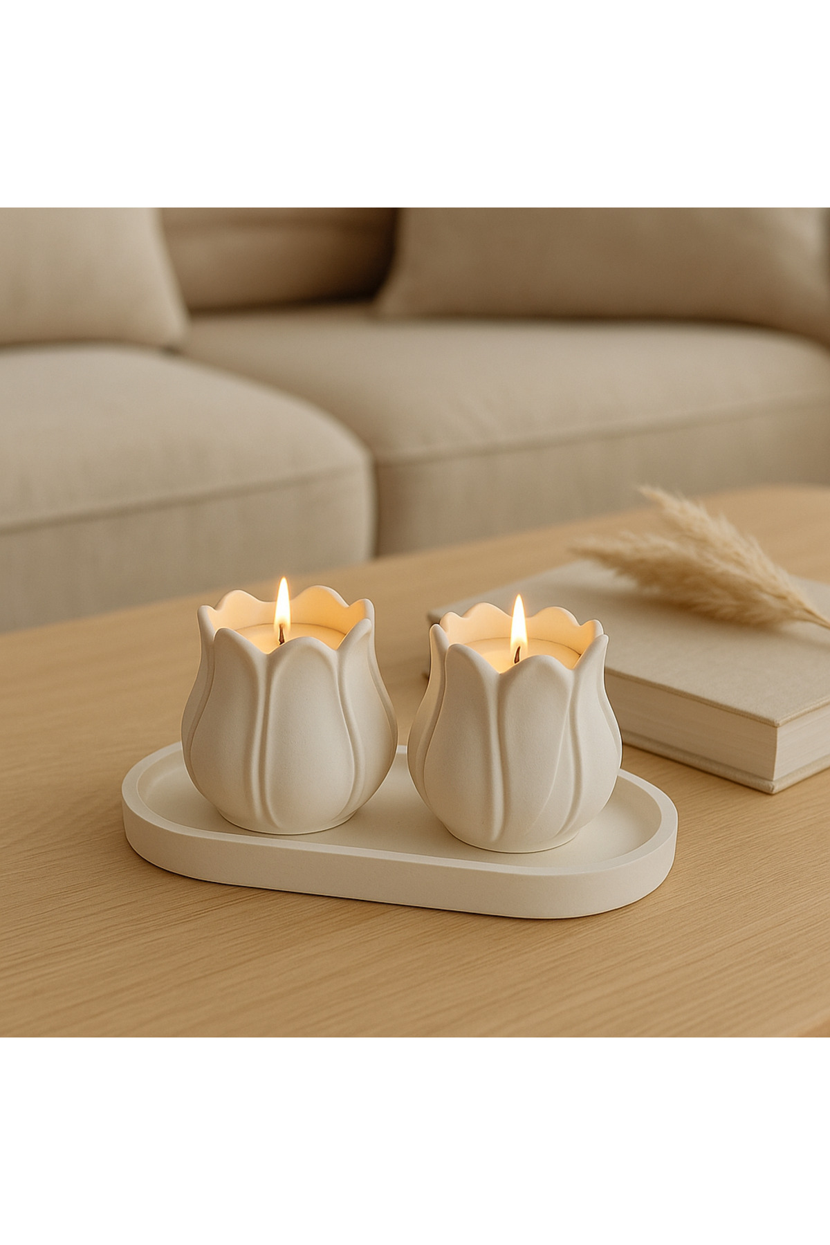 Lale Formlu İkili Mumluk & Oval Tepsi Seti – El Yapımı Dekoratif Tealight Uyumlu Mumluk