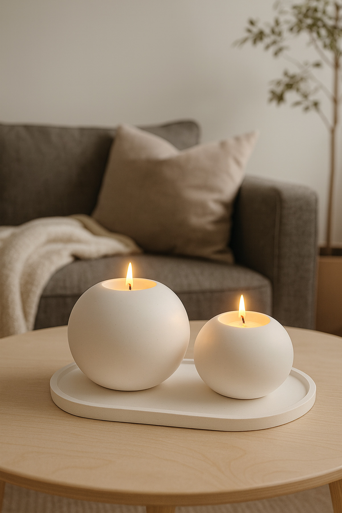 Oval Tepsi Üzeri 2’li Küre Mumluk Seti – Tealight Uyumlu
