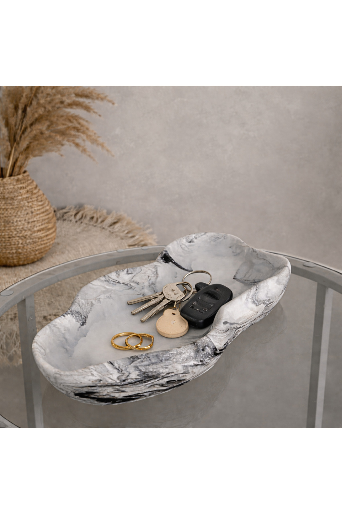 Asimetrik Gri Mermer Desen Dekoratif Tabak, Banyo Düzenleyici, Anahtar Tabağı, Beton Dalgalı Kase