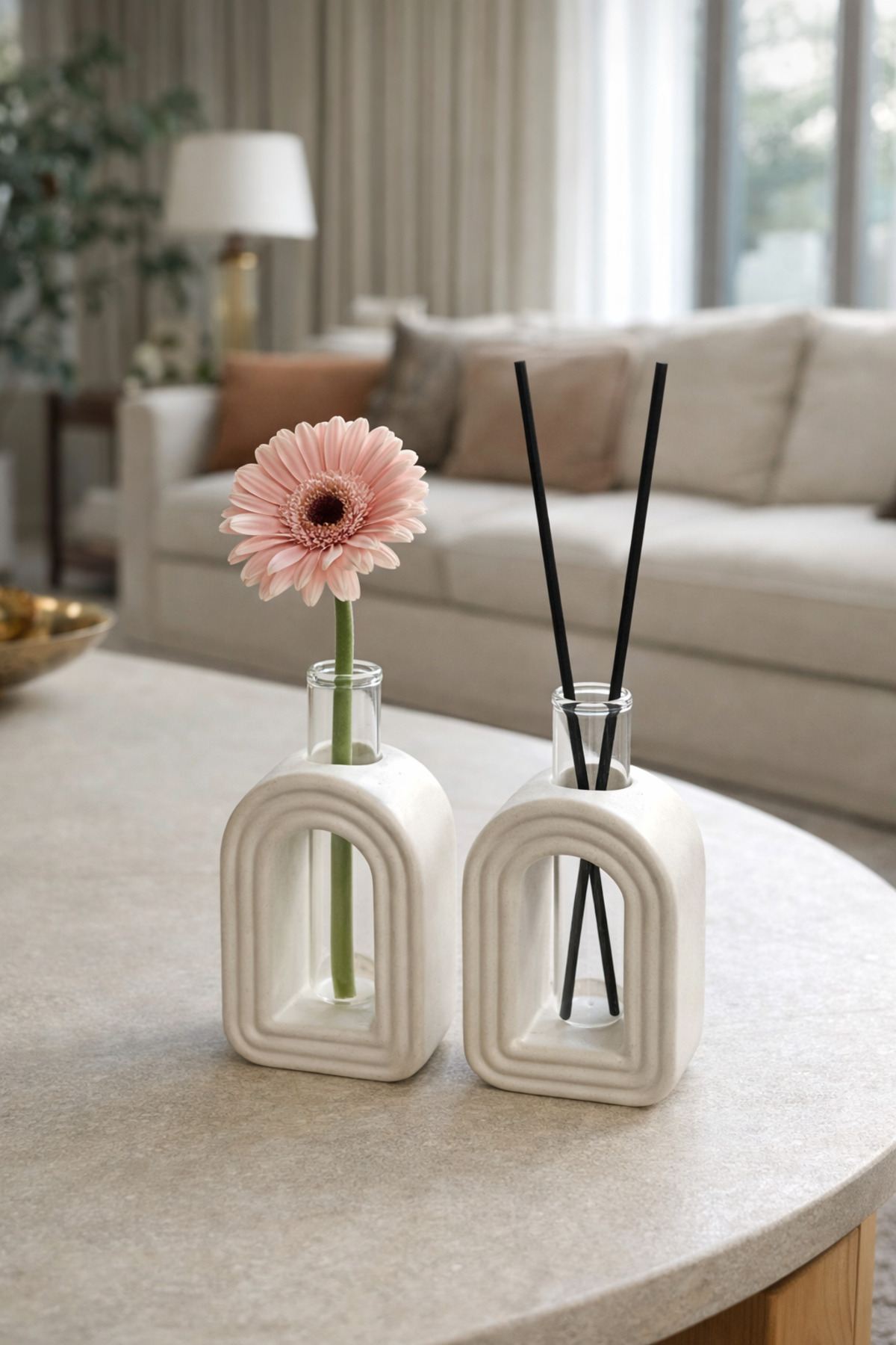 Modern Kemer Tasarım İkili Oda Kokusu Şişesi & Mini Vazo – Salon Dekoru