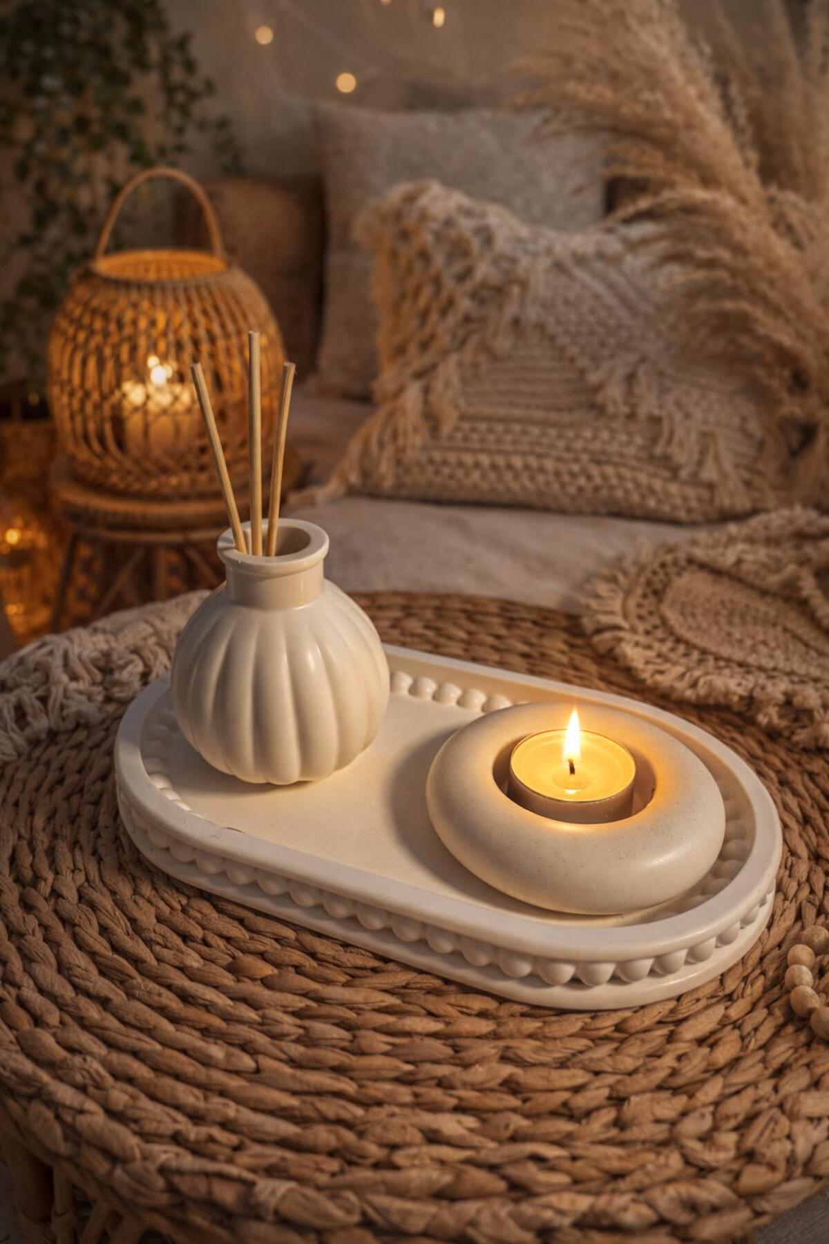 Bohem Tealight Mumluk & Çubuklu Oda Kokusu Vazosu | El Yapımı Taş Tozu
